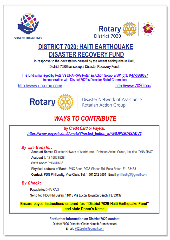 Donate to District 7020: Haiti Earthquake Disaster Recovery Fund